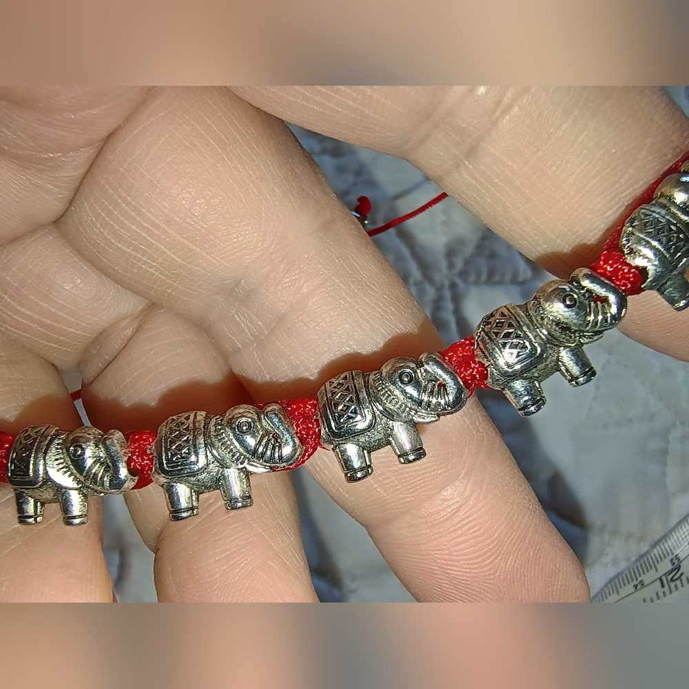 Handmade Sterling Silver Elephant & Red Braided Cord Charm Bracelet